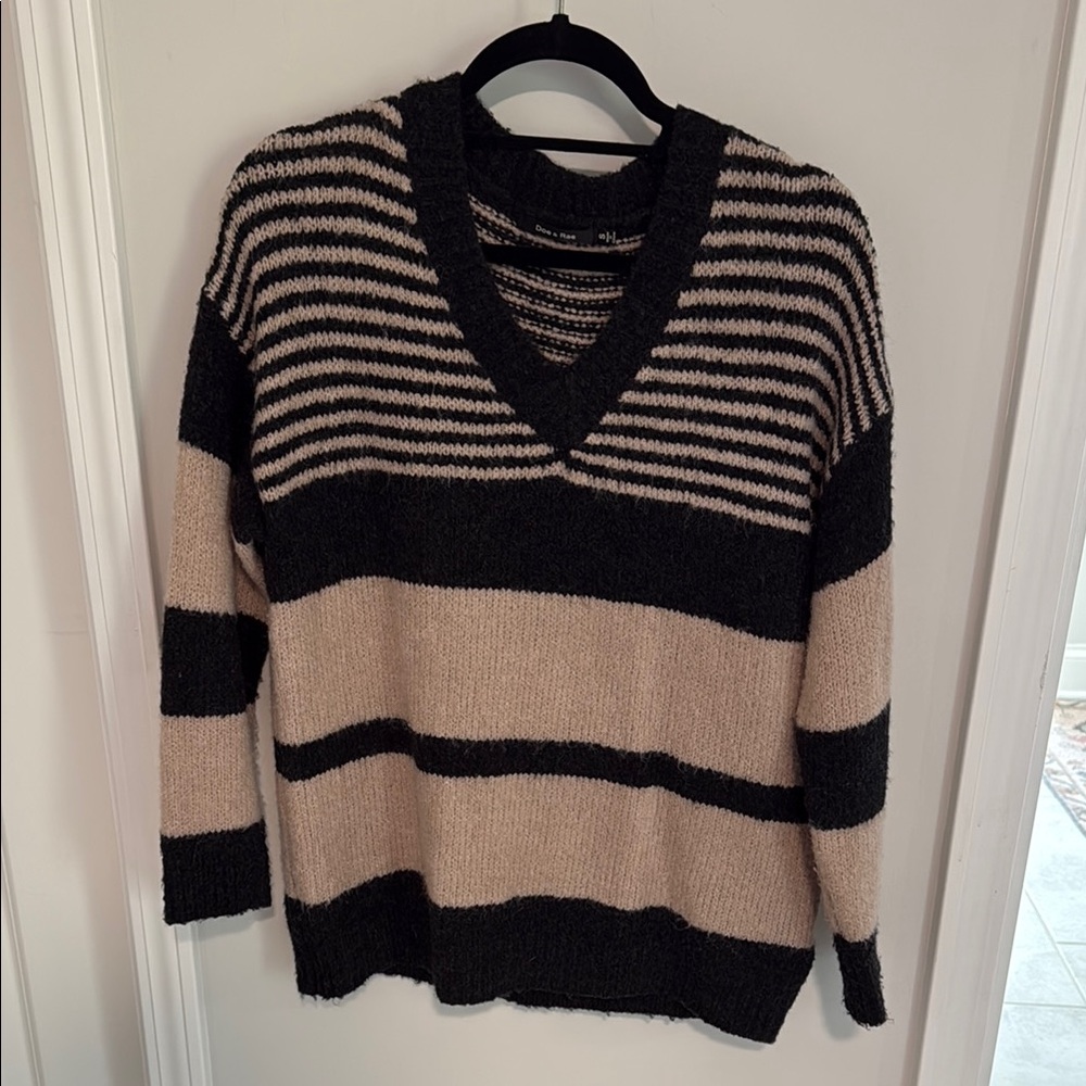 Striped V-Neck Sweater - Black and Tan